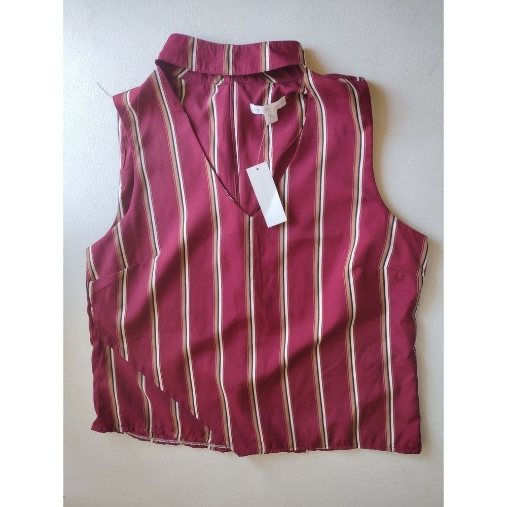 NY and Company‎ Womens Burgundy Stripe Sleeveless Collared V Neck Top Small